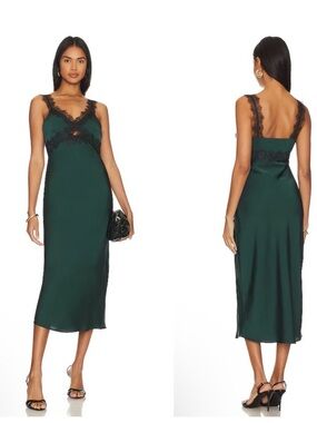 MINKPINK Emerald Green Satin Lace-Trim Slip Dress-A05